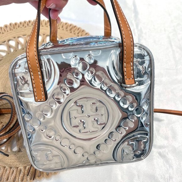 Limited Edition Tory Burch T Monogram Embossed Metallic Silver Cube Handbag - Picture 5 of 12
